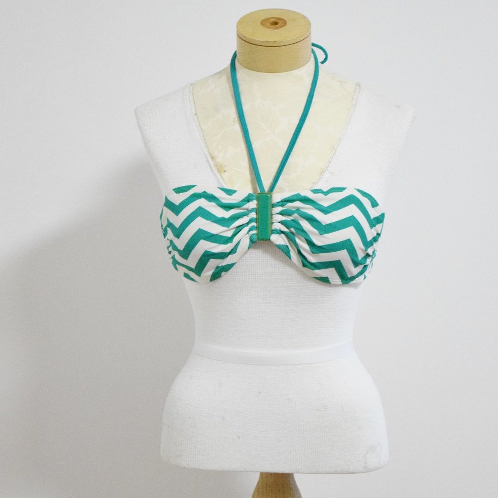 Green & White Chevron Stripe Bandeau Bikini Top w/ Jewel Plate | Size M